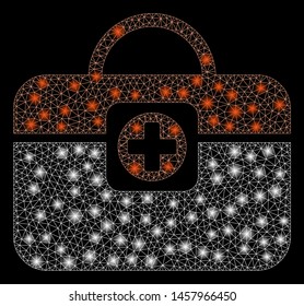 Glowing mesh medic case with lightspot effect. Abstract illuminated model of medic case icon. Shiny wire carcass triangular mesh medic case. Vector abstraction on a black background.