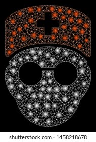 Glowing mesh medic head with glitter effect. Abstract illuminated model of medic head icon. Shiny wire carcass polygonal network medic head. Vector abstraction on a black background.