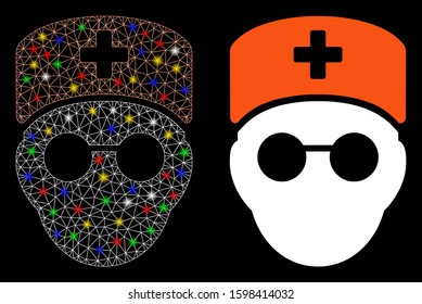 Glowing mesh medic head icon with glow effect. Abstract illuminated model of medic head. Shiny wire carcass triangular mesh medic head icon. Vector abstraction on a black background.