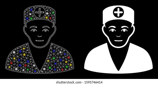 Glowing mesh medic icon with glitter effect. Abstract illuminated model of medic. Shiny wire frame triangular mesh medic icon. Vector abstraction on a black background.