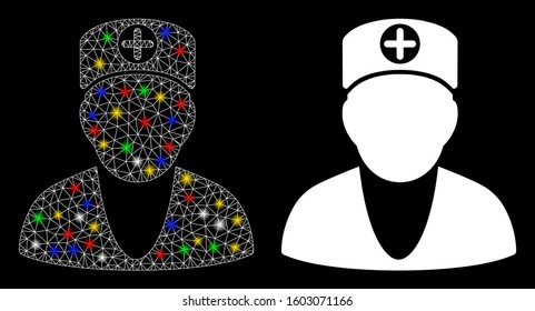 Glowing mesh medic icon with lightspot effect. Abstract illuminated model of medic. Shiny wire carcass triangular mesh medic icon. Vector abstraction on a black background.