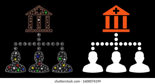 Glowing mesh medical bank clients icon with sparkle effect. Abstract illuminated model of medical bank clients. Shiny wire carcass polygonal mesh medical bank clients icon.