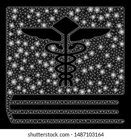 Glowing mesh medical book with sparkle effect. Abstract illuminated model of medical book icon. Shiny wire frame polygonal network medical book. Vector abstraction on a black background.