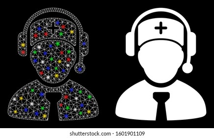 Glowing mesh medical call center icon with glitter effect. Abstract illuminated model of medical call center. Shiny wire frame polygonal mesh medical call center icon.