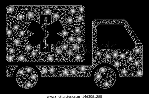 Glowing mesh medical delivery with glitter\
effect. Abstract illuminated model of medical delivery icon. Shiny\
wire carcass polygonal mesh medical delivery. Vector abstraction on\
a black background.