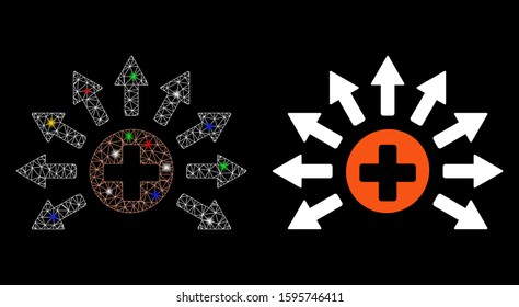 Glowing Mesh Medical Distribution Icon With Lightspot Effect. Abstract Illuminated Model Of Medical Distribution. Shiny Wire Carcass Triangular Mesh Medical Distribution Icon.