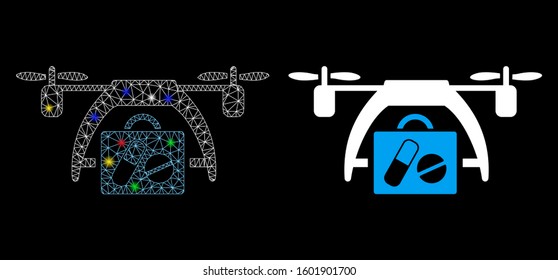 Glowing mesh medical drone icon with glitter effect. Abstract illuminated model of medical drone. Shiny wire frame triangular mesh medical drone icon. Vector abstraction on a black background.