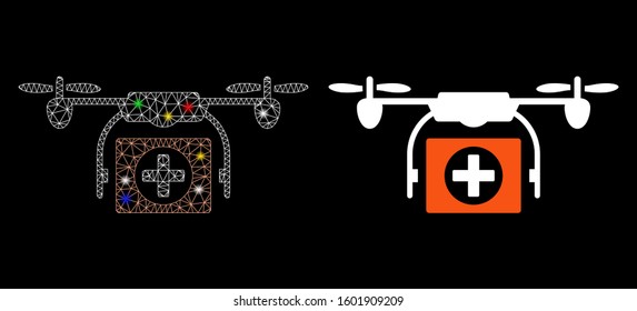 Glowing mesh medical drone icon with lightspot effect. Abstract illuminated model of medical drone. Shiny wire frame polygonal mesh medical drone icon. Vector abstraction on a black background.