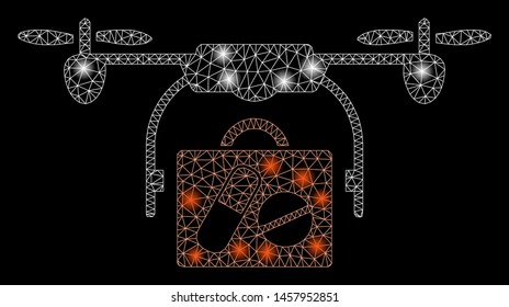 Glowing mesh medical drone shipment with glare effect. Abstract illuminated model of medical drone shipment icon. Shiny wire carcass polygonal mesh medical drone shipment.