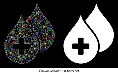 Glowing mesh medical drops icon with glare effect. Abstract illuminated model of medical drops. Shiny wire frame polygonal network medical drops icon. Vector abstraction on a black background.