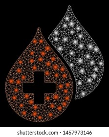 Glowing mesh medical drops with sparkle effect. Abstract illuminated model of medical drops icon. Shiny wire frame polygonal mesh medical drops. Vector abstraction on a black background.
