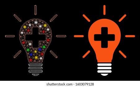 Glowing mesh medical electric lamp icon with sparkle effect. Abstract illuminated model of medical electric lamp. Shiny wire carcass triangular network medical electric lamp icon.