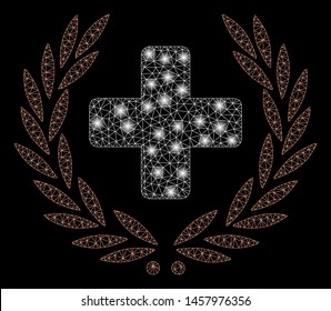 Glowing mesh medical glory with lightspot effect. Abstract illuminated model of medical glory icon. Shiny wire carcass triangular mesh medical glory. Vector abstraction on a black background.