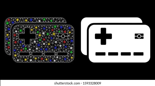 Glowing mesh medical insurance cards icon with lightspot effect. Abstract illuminated model of medical insurance cards. Shiny wire carcass polygonal network medical insurance cards icon.