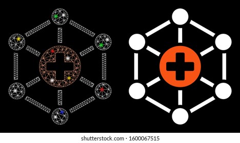 Glowing mesh medical network icon with sparkle effect. Abstract illuminated model of medical network. Shiny wire carcass triangular mesh medical network icon. Vector abstraction on a black background.
