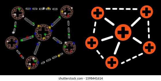 Glowing mesh medical network structure icon with lightspot effect. Abstract illuminated model of medical network structure. Shiny wire frame triangular mesh medical network structure icon.
