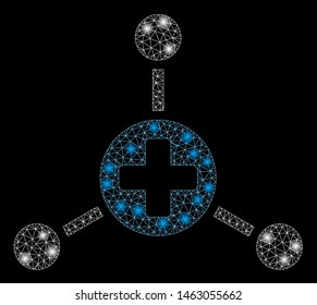 Glowing mesh medical node links with glare effect. Abstract illuminated model of medical node links icon. Shiny wire frame polygonal mesh medical node links. Vector abstraction on a black background.