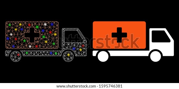 Glowing mesh medical shipment
icon with lightspot effect. Abstract illuminated model of medical
shipment. Shiny wire frame triangular mesh medical shipment
icon.
