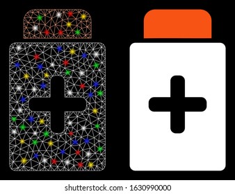 Glowing mesh medication bottle icon with glitter effect. Abstract illuminated model of medication bottle. Shiny wire frame triangular mesh medication bottle icon.