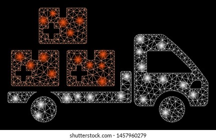 Glowing Mesh Medication Delivery With Lightspot Effect. Abstract Illuminated Model Of Medication Delivery Icon. Shiny Wire Carcass Triangular Mesh Medication Delivery.