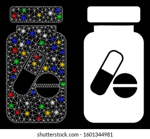 Glowing mesh medication vial icon with glow effect. Abstract illuminated model of medication vial. Shiny wire carcass triangular mesh medication vial icon. Vector abstraction on a black background.