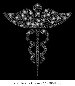 Glowing mesh medicine caduceus symbol with glitter effect. Abstract illuminated model of medicine caduceus symbol icon. Shiny wire carcass polygonal mesh medicine caduceus symbol.