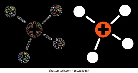 Glowing mesh medicine links icon with lightspot effect. Abstract illuminated model of medicine links. Shiny wire frame triangular mesh medicine links icon. Vector abstraction on a black background.