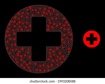 Glowing mesh medicine with glowing spots. Vector carcass created from medicine icon. Bright carcass mesh medicine on a black background.