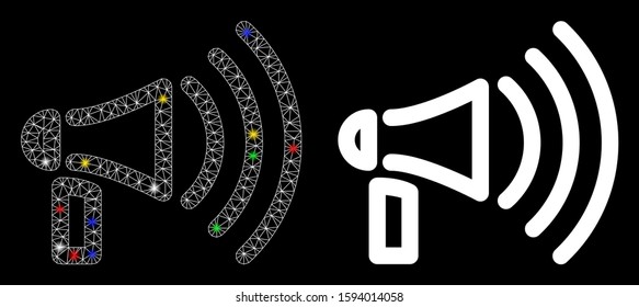 Glowing mesh megaphone icon with glitter effect. Abstract illuminated model of megaphone. Shiny wire carcass polygonal network megaphone icon. Vector abstraction on a black background.