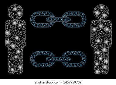 Glowing mesh men chains with lightspot effect. Abstract illuminated model of men chains icon. Shiny wire frame polygonal mesh men chains. Vector abstraction on a black background.