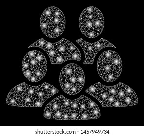 Glowing mesh men collective with glitter effect. Abstract illuminated model of men collective icon. Shiny wire frame polygonal mesh men collective. Vector abstraction on a black background.