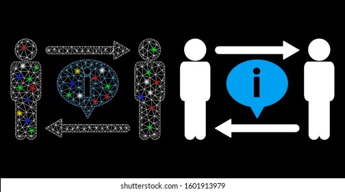 Glowing mesh men information exchange icon with glitter effect. Abstract illuminated model of men information exchange. Shiny wire carcass triangular network men information exchange icon.