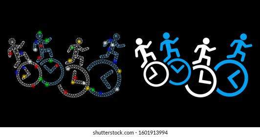 Glowing mesh men running over clocks icon with glitter effect. Abstract illuminated model of men running over clocks. Shiny wire carcass triangular network men running over clocks icon.