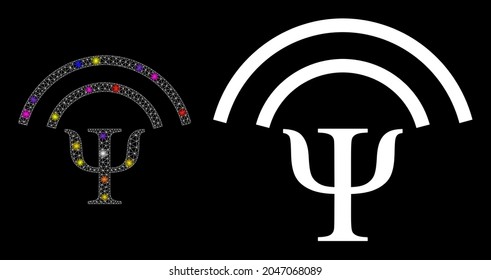 Las ondas mentales de malla brillante brillan un icono con puntos de luz. Constelación vectorial iluminada basada en el icono de ondas mentales. Sparkle marco malla ondas mentales en un fondo negro.