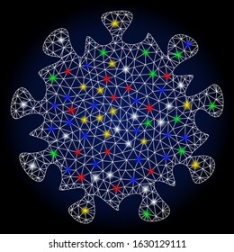 Glowing mesh MERS virus with glare effect. Abstract illuminated model of MERS virus. Shiny wire frame polygonal network MERS virus icon. Vector abstraction on a dark blue gradient background.