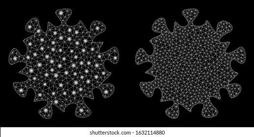 Glowing mesh MERS virus with glow effect. Abstract illuminated model of MERS virus icon. Shiny wire carcass triangular mesh MERS virus icon. Vector abstraction on a black background.