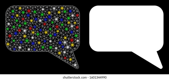 Glowing mesh message cloud icon with glare effect. Abstract illuminated model of message cloud. Shiny wire carcass triangular mesh message cloud icon. Vector abstraction on a black background.