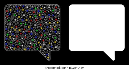 Glowing mesh message icon with sparkle effect. Abstract illuminated model of message. Shiny wire frame triangular mesh message icon. Vector abstraction on a black background.