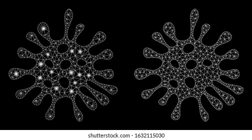 Glowing mesh microbe with sparkle effect. Abstract illuminated model of microbe icon. Shiny wire carcass triangular network microbe icon. Vector abstraction on a black background.