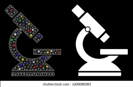 Glowing mesh microscope icon with sparkle effect. Abstract illuminated model of microscope. Shiny wire frame triangular mesh microscope icon. Vector abstraction on a black background.