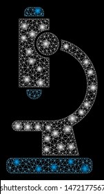 Glowing mesh microscope with lightspot effect. Abstract illuminated model of microscope icon. Shiny wire carcass triangular mesh microscope. Vector abstraction on a black background.