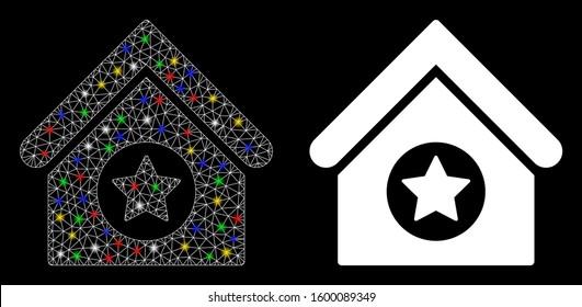 Glowing mesh military building icon with sparkle effect. Abstract illuminated model of military building. Shiny wire carcass polygonal mesh military building icon.