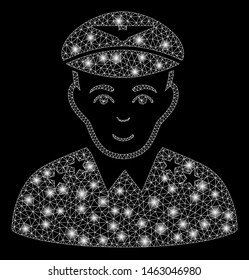 Glowing mesh military pilot officer with glow effect. Abstract illuminated model of military pilot officer icon. Shiny wire carcass triangular mesh military pilot officer.