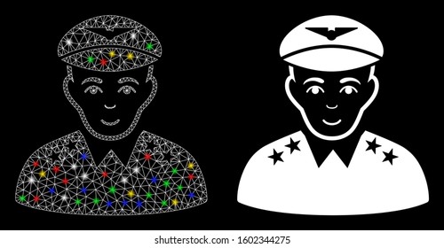 Glowing mesh military pilot officer icon with sparkle effect. Abstract illuminated model of military pilot officer. Shiny wire carcass polygonal mesh military pilot officer icon.