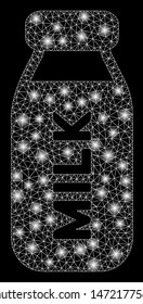 Glowing mesh milk bottle with sparkle effect. Abstract illuminated model of milk bottle icon. Shiny wire carcass polygonal mesh milk bottle. Vector abstraction on a black background.