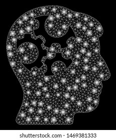 Glowing mesh mind gears with glitter effect. Abstract illuminated model of mind gears icon. Shiny wire frame polygonal mesh mind gears. Vector abstraction on a black background.