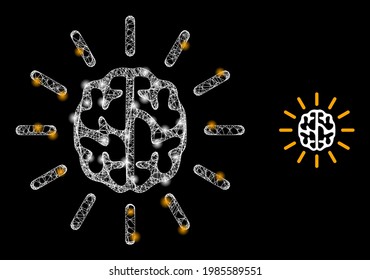 Glowing mesh mind light with glowing spots. Wire frame flat mesh generated from crossed white lines and mind light icon. White mesh and sparkle frame mesh mind light on a black background.