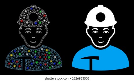 Glowing mesh miner icon with sparkle effect. Abstract illuminated model of miner. Shiny wire frame polygonal mesh miner icon. Vector abstraction on a black background.