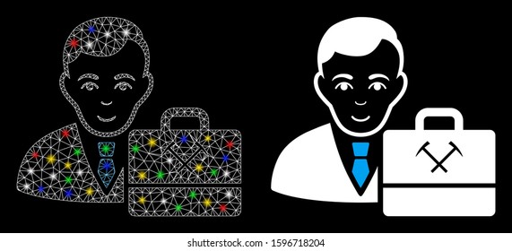 Glowing mesh mining accounter icon with glare effect. Abstract illuminated model of mining accounter. Shiny wire frame triangular network mining accounter icon.