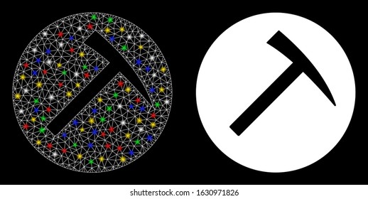 Glowing mesh mining hammer icon with glitter effect. Abstract illuminated model of mining hammer. Shiny wire carcass triangular network mining hammer icon. Vector abstraction on a black background.